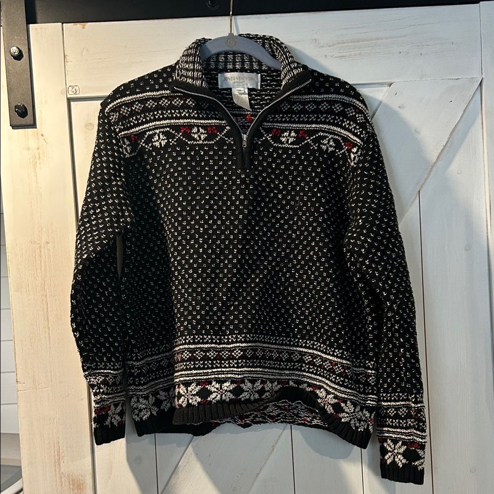 Vintage Ramie Cotton Jones New York Sport Black Fair Isle Quarter Zip Sweater M